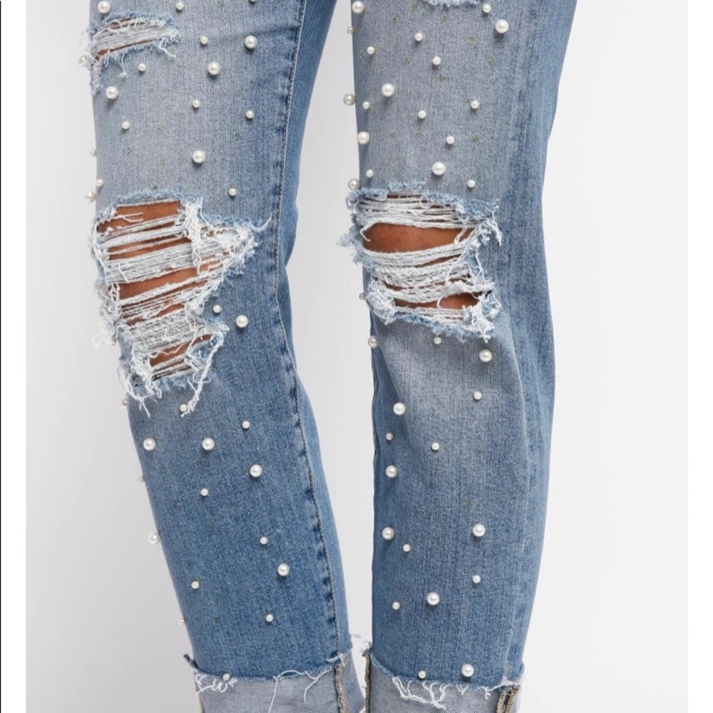 Pearl embellished mid rise straight ankle jeans